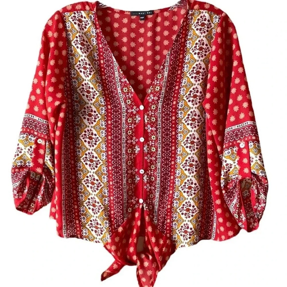 WEST KEI | Talia Tie Front Medallion Floral Print Blouse Size XSP - Picture 4 of 10